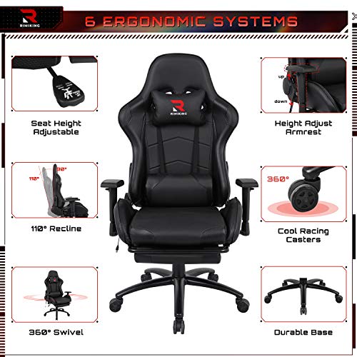 Massage Gaming Chair - Computer Office Racing Chair with Retractable Footrest Adjustable Lumbar Cushion Headrest Swivel Rocking Desk Chair (Black)