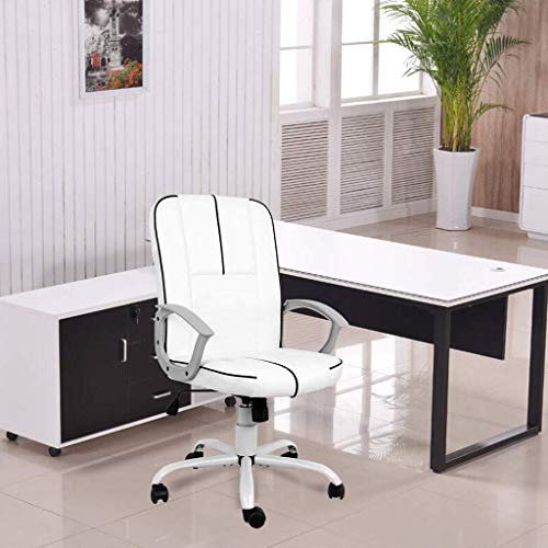 Office Chair Leather, Mid Back Home Office Chair Bonded Leather Computer Swivel Task Desk Chair - White
