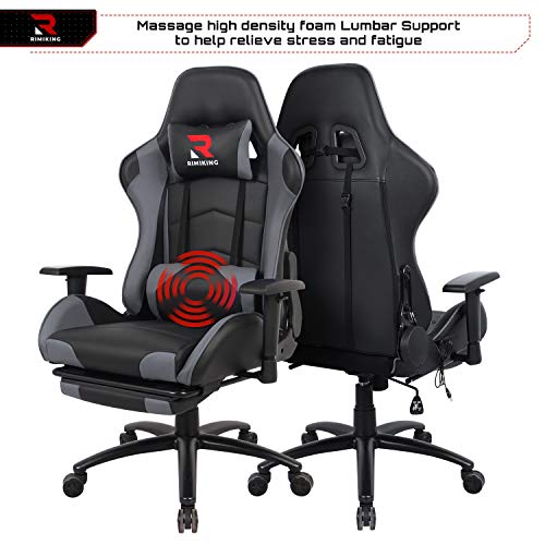 Massage Gaming Chair - Computer Office Racing Chair with Retractable Footrest Adjustable Lumbar Cushion Headrest Swivel Rocking Desk Chair (Grey)