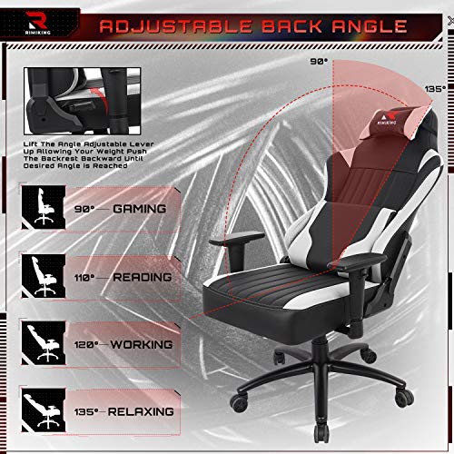 High Back Gaming Chair- Big Tall Ergonomic Adjustable Tilt Angle &Arms Racing Executive Computer Desk Office Chair Rocking Metal Base Wide Backrest&Headrest (White)