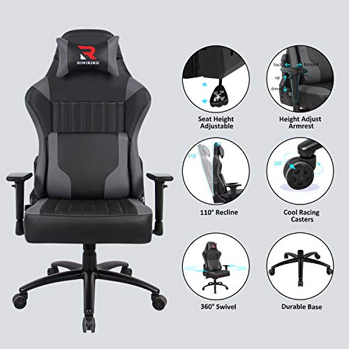 Gaming Chair- Big Tall Ergonomic Adjustable Tilt Angle & Arms Racing Executive Computer Desk Rocking Metal Base Grey
