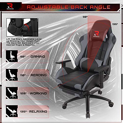 Massage Gaming Chair - Computer Office Racing Chair with Retractable Footrest Adjustable Lumbar Cushion Headrest Swivel Rocking Desk Chair (Grey)