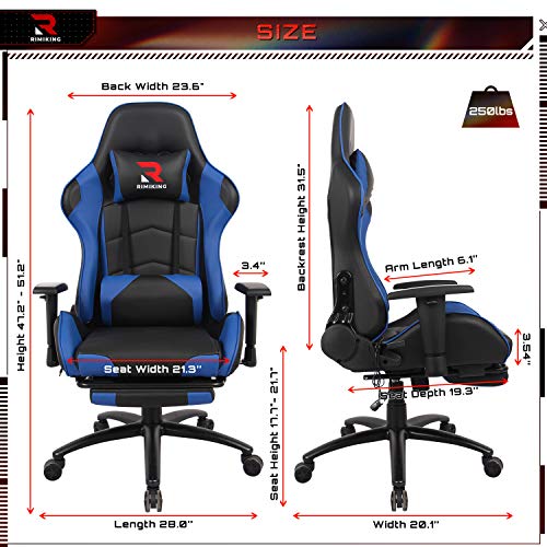 Massage Gaming Chair - Computer Office Racing Chair with Retractable Footrest Adjustable Lumbar Cushion Headrest Swivel Rocking Desk Chair (Blue)