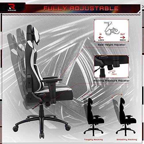 High Back Gaming Chair- Big Tall Ergonomic Adjustable Tilt Angle &Arms Racing Executive Computer Desk Office Chair Rocking Metal Base Wide Backrest&Headrest (White)
