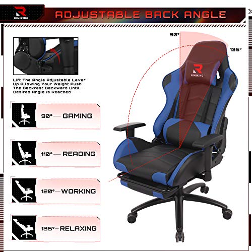 Massage Gaming Chair - Computer Office Racing Chair with Retractable Footrest Adjustable Lumbar Cushion Headrest Swivel Rocking Desk Chair (Blue)