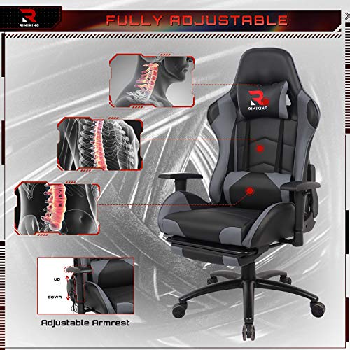 Massage Gaming Chair - Computer Office Racing Chair with Retractable Footrest Adjustable Lumbar Cushion Headrest Swivel Rocking Desk Chair (Grey)