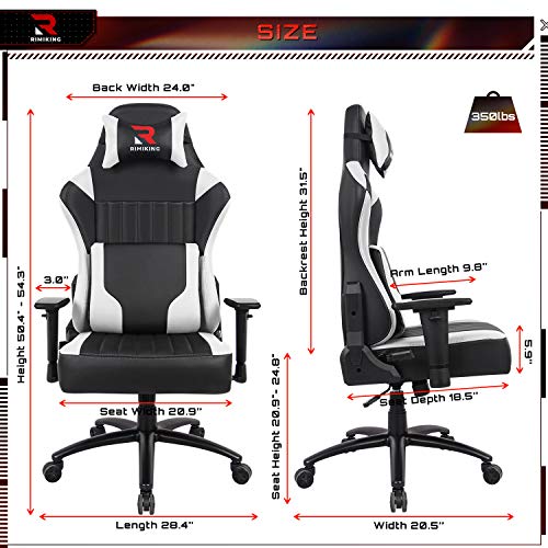 High Back Gaming Chair- Big Tall Ergonomic Adjustable Tilt Angle &Arms Racing Executive Computer Desk Office Chair Rocking Metal Base Wide Backrest&Headrest (White)