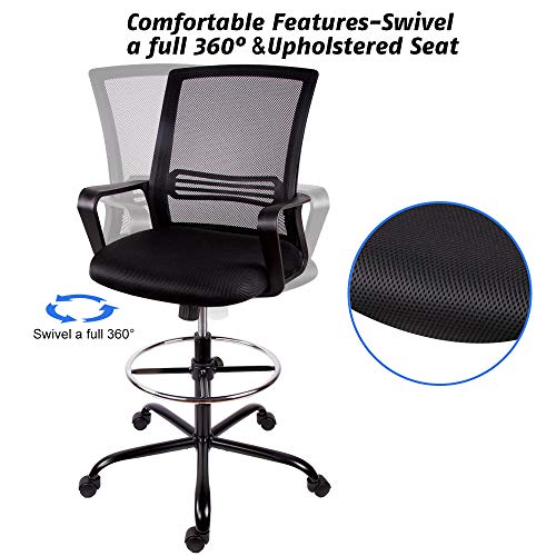 Drafting Chair Tall Office Chair for Standing Desk Drafting Mesh Table Chair with Foot Ring (Dark Black)