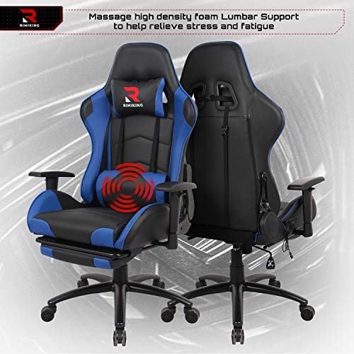 Massage Gaming Chair - Computer Office Racing Chair with Retractable Footrest Adjustable Lumbar Cushion Headrest Swivel Rocking Desk Chair (Blue)