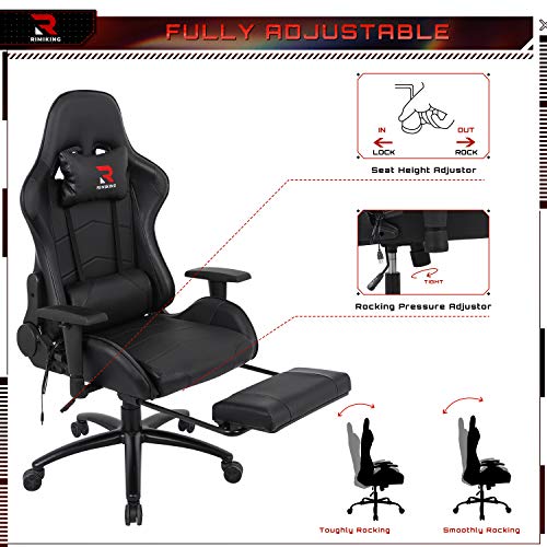 Massage Gaming Chair - Computer Office Racing Chair with Retractable Footrest Adjustable Lumbar Cushion Headrest Swivel Rocking Desk Chair (Black)