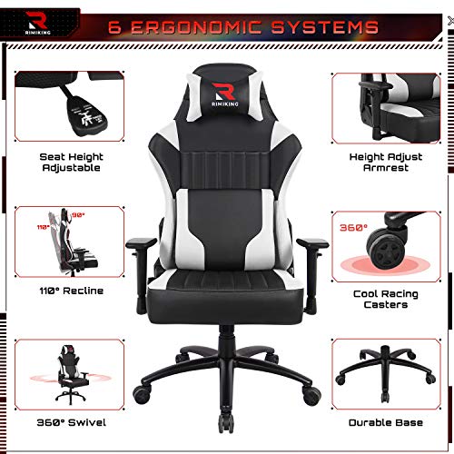High Back Gaming Chair- Big Tall Ergonomic Adjustable Tilt Angle &Arms Racing Executive Computer Desk Office Chair Rocking Metal Base Wide Backrest&Headrest (White)