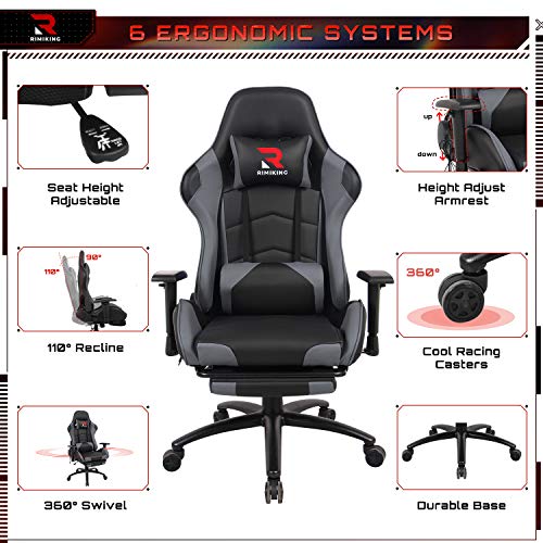Massage Gaming Chair - Computer Office Racing Chair with Retractable Footrest Adjustable Lumbar Cushion Headrest Swivel Rocking Desk Chair (Grey)