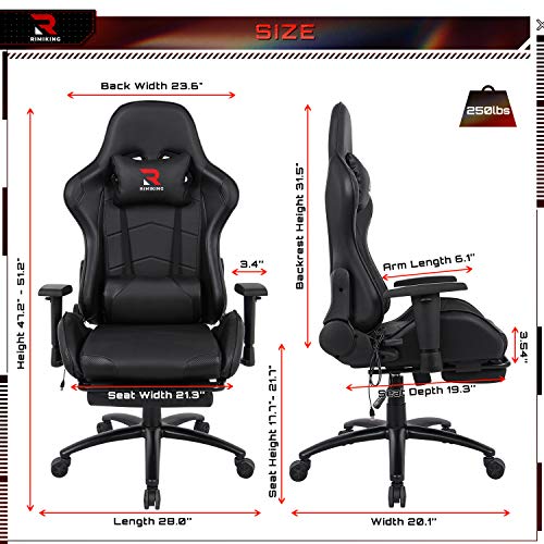 Massage Gaming Chair - Computer Office Racing Chair with Retractable Footrest Adjustable Lumbar Cushion Headrest Swivel Rocking Desk Chair (Black)