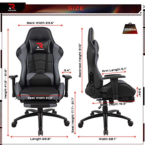 Massage Gaming Chair - Computer Office Racing Chair with Retractable Footrest Adjustable Lumbar Cushion Headrest Swivel Rocking Desk Chair (Grey)