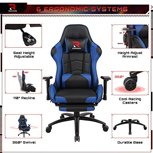 Massage Gaming Chair - Computer Office Racing Chair with Retractable Footrest Adjustable Lumbar Cushion Headrest Swivel Rocking Desk Chair (Blue)