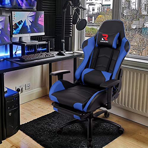 Massage Gaming Chair - Computer Office Racing Chair with Retractable Footrest Adjustable Lumbar Cushion Headrest Swivel Rocking Desk Chair (Blue)