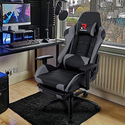 Massage Gaming Chair - Computer Office Racing Chair with Retractable Footrest Adjustable Lumbar Cushion Headrest Swivel Rocking Desk Chair (Grey)