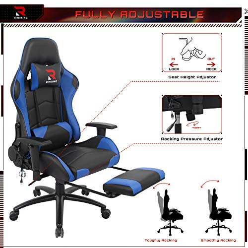 Massage Gaming Chair - Computer Office Racing Chair with Retractable Footrest Adjustable Lumbar Cushion Headrest Swivel Rocking Desk Chair (Blue)