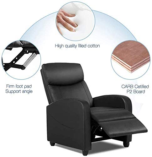 Recliner Chair Living Room Armchair PU Leather, Home Theater Seating Reading Watching TV Modern 160° Reclining Chair Padded Seat Backrest (Black)