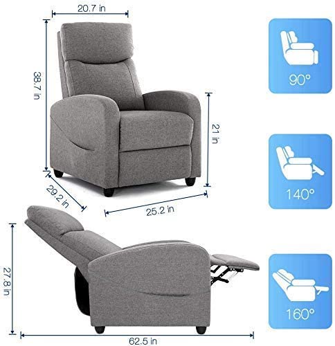 Recliner Chair Living Room Fabric Armchair, Home Theater Seating Reading Watching TV Modern 160° Reclining Chair Padded Seat Backrest (Grey)