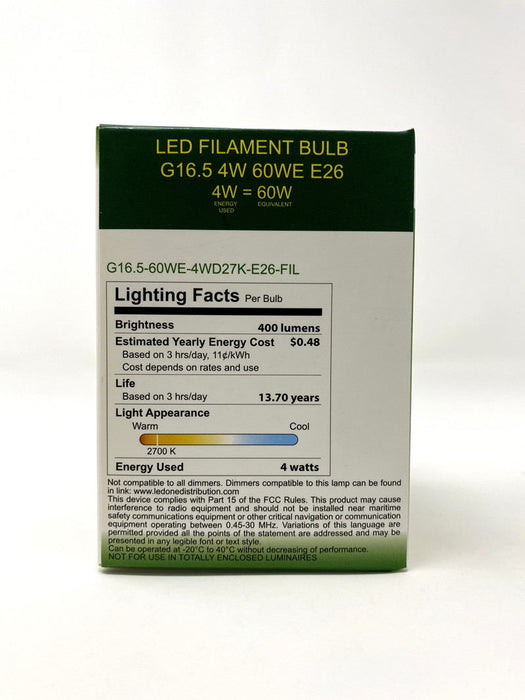 FILAMENT BULB G16.5 4W 400LM 2700K E26 DIMMABLE 110-130V 4F