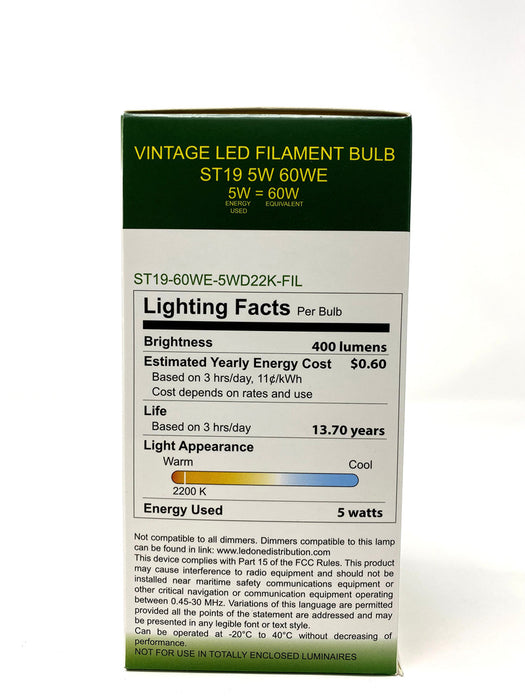 FILAMENT BULB ST19 5W 400LM 2200K E26 DIMMABLE 110-130V 4F UL QUALIFIED
