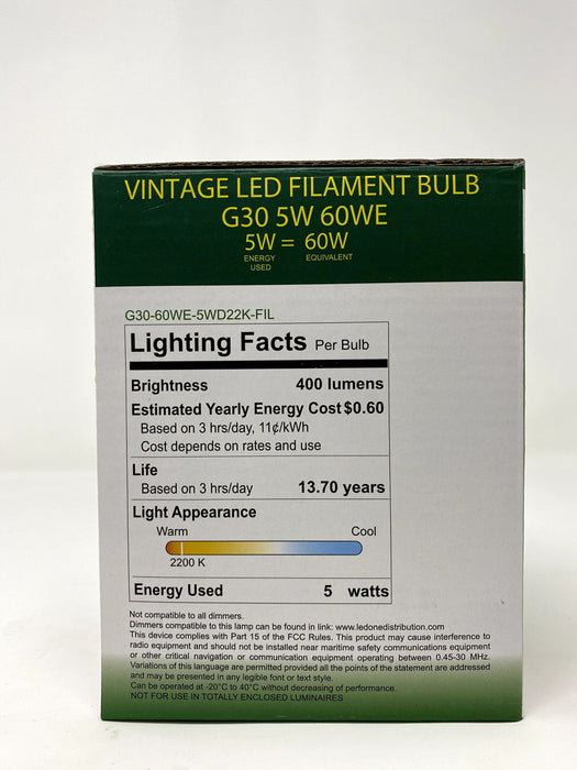 FILAMENT BULB G30 G40 5W 400LM 2200K E26 DIMMABLE 110-130V 4F UL QUALIFIED