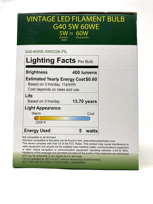 FILAMENT BULB G30 G40 5W 400LM 2200K E26 DIMMABLE 110-130V 4F UL QUALIFIED