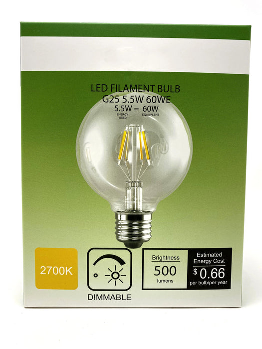FILAMENT BULB G25 5.5W 500LM 2700K E26 DIMMABLE 110-130V 4F UL QUALIFIED