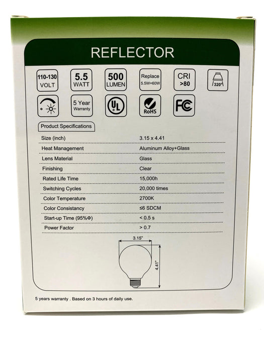FILAMENT BULB G25 5.5W 500LM 2700K E26 DIMMABLE 110-130V 4F UL QUALIFIED