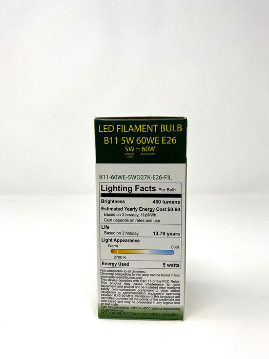 FILAMENT BULB B11 5W 450LM 2700K E12 ,E26 DIMMABLE