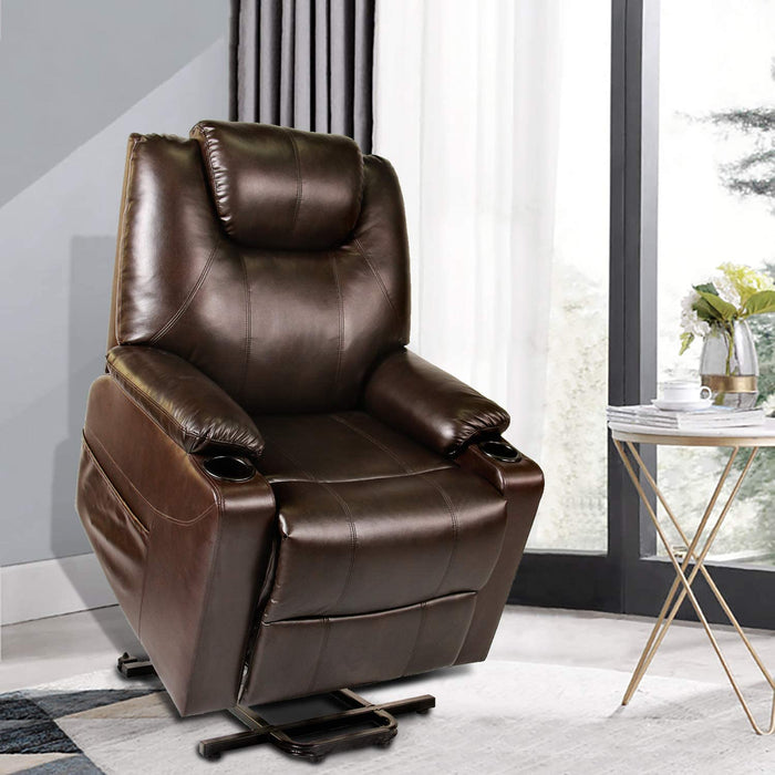 Recliner Chair, Electric Power Lift Recliner Chair Sofa, PU Leather Recliner Chair with Cup Holders and Side Pockets, Brown