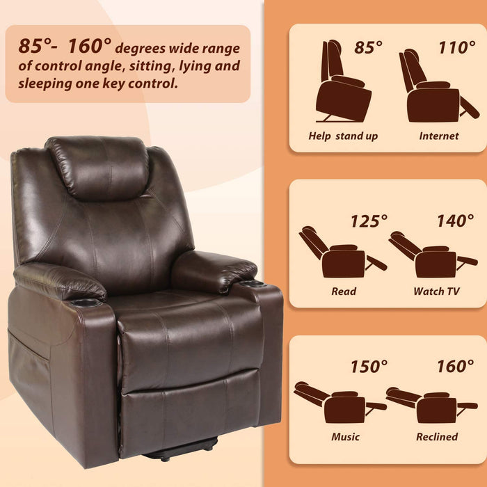 Recliner Chair, Electric Power Lift Recliner Chair Sofa, PU Leather Recliner Chair with Cup Holders and Side Pockets, Brown