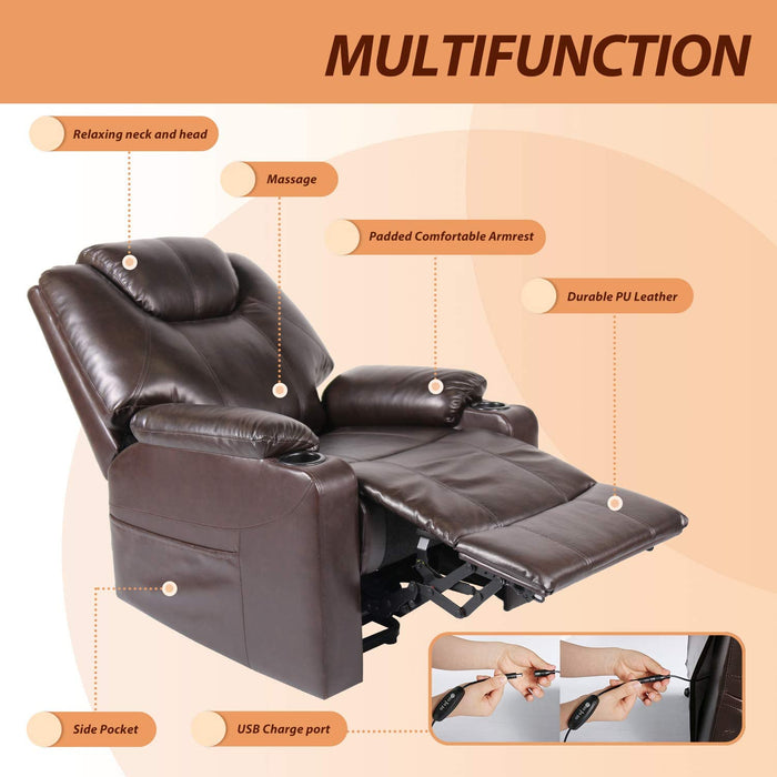 Recliner Chair, Electric Power Lift Recliner Chair Sofa, PU Leather Recliner Chair with Cup Holders and Side Pockets, Brown