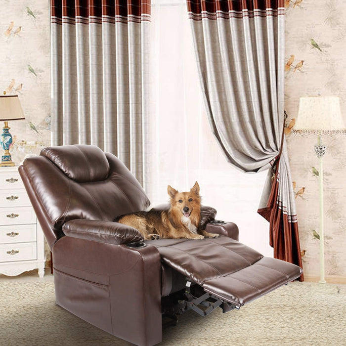 Recliner Chair, Electric Power Lift Recliner Chair Sofa, PU Leather Recliner Chair with Cup Holders and Side Pockets, Brown