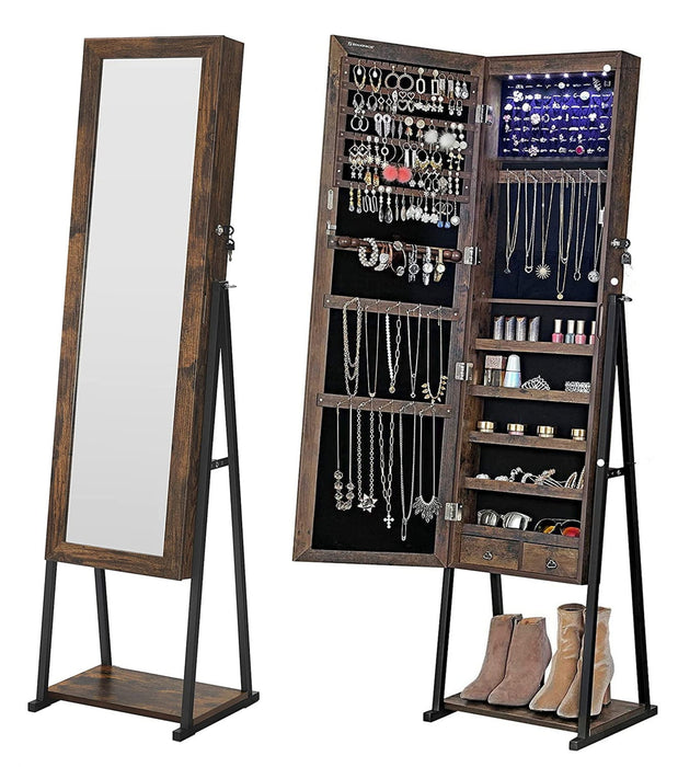 Industrial Mirror Jewelry Cabinet Armoire,6 LEDs Mirrored Jewelry Storage,Rustic Brown