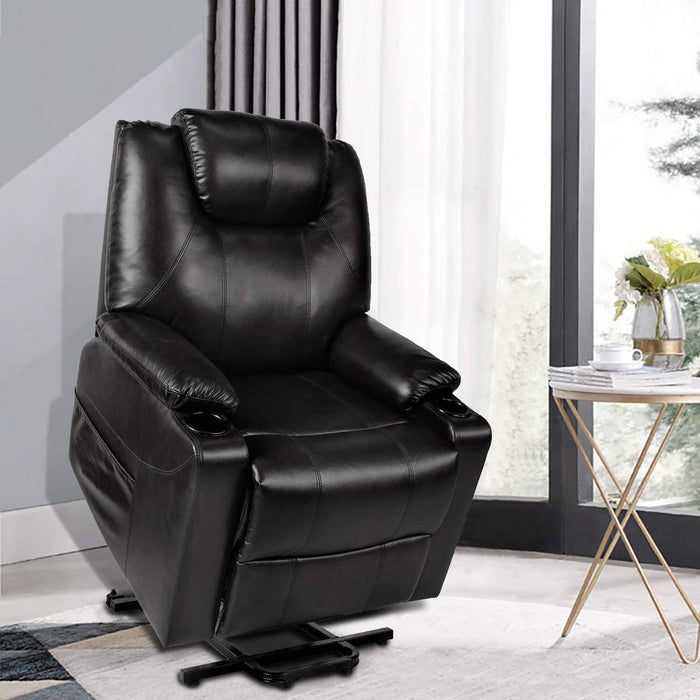 Recliner Chair, Electric Power Lift Recliner Chair Sofa, PU Leather Recliner Chair Ergonomic Lounge Chair with Cup Holders and Side Pockets, USB Ports, Black