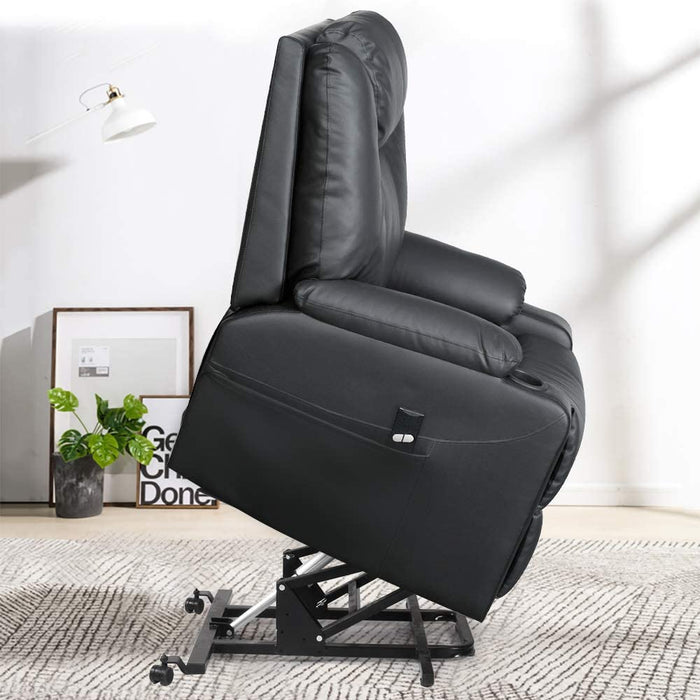 Recliner Chair, Electric Power Lift Recliner Chair Sofa, PU Leather Recliner Chair Ergonomic Lounge Chair with Cup Holders and Side Pockets, USB Ports, Black