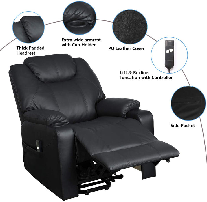 Recliner Chair, Electric Power Lift Recliner Chair Sofa, PU Leather Recliner Chair Ergonomic Lounge Chair with Cup Holders and Side Pockets, USB Ports, Black