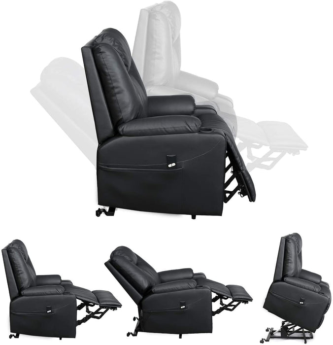 Recliner Chair, Electric Power Lift Recliner Chair Sofa, PU Leather Recliner Chair Ergonomic Lounge Chair with Cup Holders and Side Pockets, USB Ports, Black