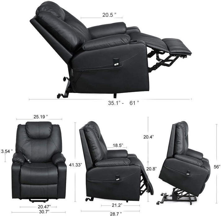 Recliner Chair, Electric Power Lift Recliner Chair Sofa, PU Leather Recliner Chair Ergonomic Lounge Chair with Cup Holders and Side Pockets, USB Ports, Black