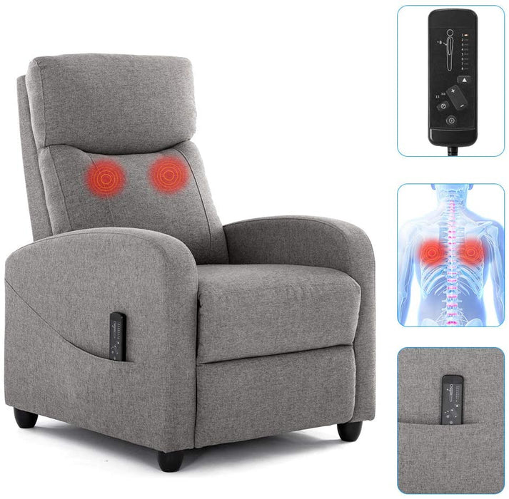 Recliner Chair Massage Single Sofa Arm Chair for Living Room Modern Ergonomic Adjustable Home Theater Seating Fabric Thicker Seat Backrest Cushion (Grey)