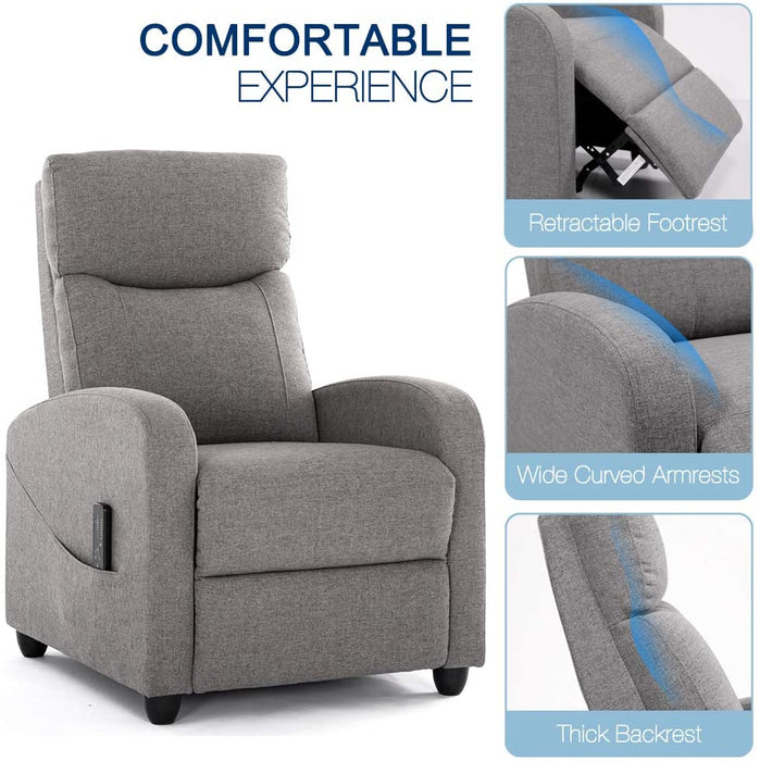 Recliner Chair Massage Single Sofa Arm Chair for Living Room Modern Ergonomic Adjustable Home Theater Seating Fabric Thicker Seat Backrest Cushion (Grey)