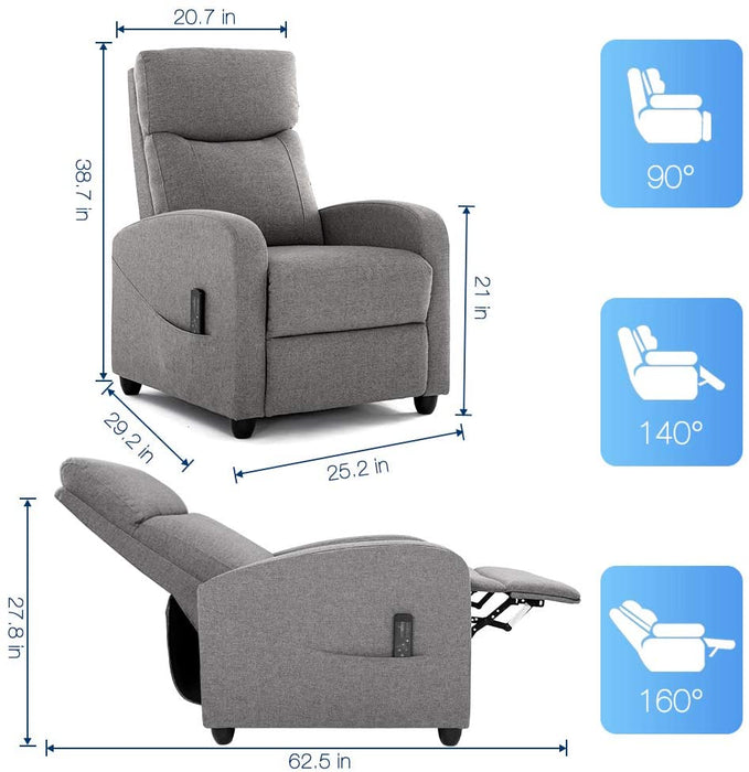 Recliner Chair Massage Single Sofa Arm Chair for Living Room Modern Ergonomic Adjustable Home Theater Seating Fabric Thicker Seat Backrest Cushion (Grey)